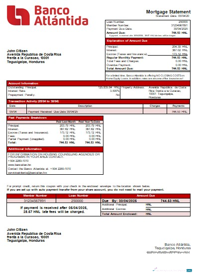 Download Honduras Banco Atlantida Bank bank mortgage statement scr Photoshop template